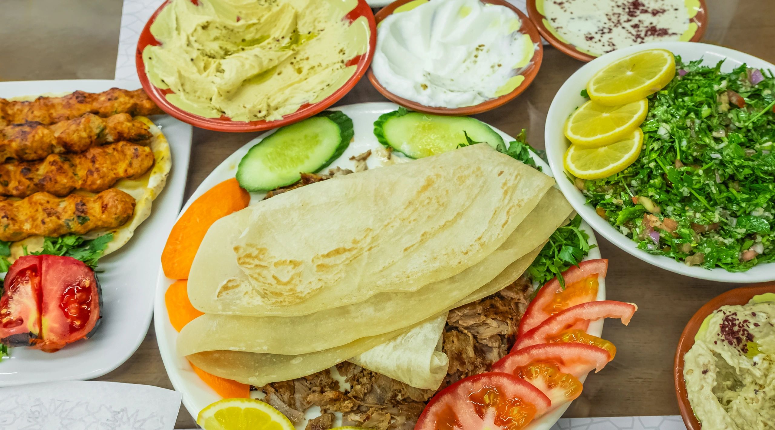Arabic Cuisine: Middle Eastern traditional lunch. Assorted of Arabic oriental dishes. top view